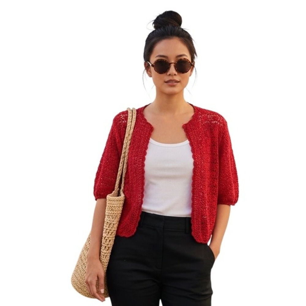 R&K Original Woman Vintage 80s Red Crochet Sequin Cropped Cardigan Plus Size 14W